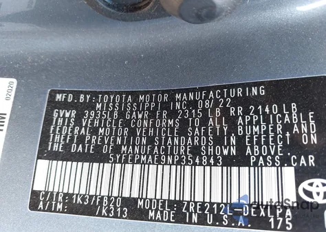 2022 Toyota Corolla Le из США, поврежденный, VIN 5YFEPMAE9NP354843